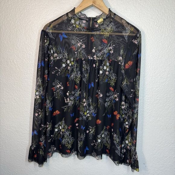 Babydoll Top L Petite Black Sheer Butterfly Stretch Flowy Y2K Goth Fairy Witchy - Picture 3 of 8